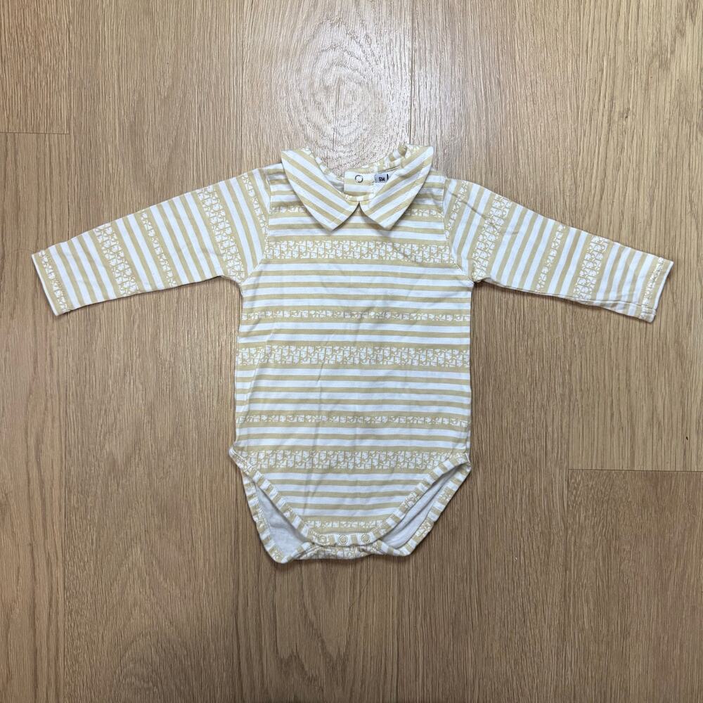 Baby Dior Long-Sleeved Striped Bodysuit with Peter Pan Collar - Beige & White
